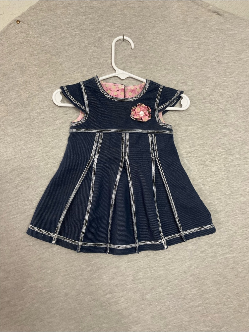 Girls Navy Denim-Look Dress with Pink Flower Accent